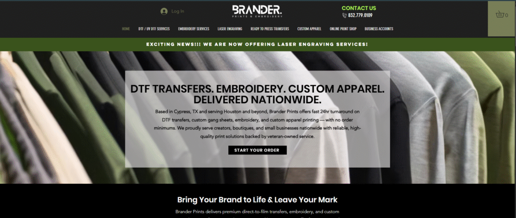 DTF TRANSFERS. EMBROIDERY. CUSTOM APPAREL. DELIVERED NATIONWIDE.